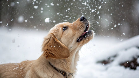 Cute golden retriever dog playing in the snow in winter.の写真素材