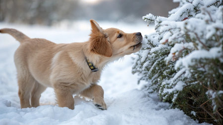 Labrador retriever puppy playing in the snow in winter forest.の写真素材