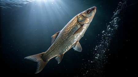 crucian carp swimming in the dark water, close-upの写真素材