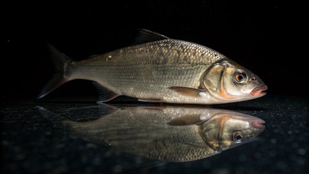 Freshwater fish on a black background with reflection. Studio shot.の写真素材