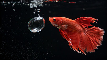 Capture the moving moment of red siamese fighting fish isolated on black background. betta fish.の写真素材