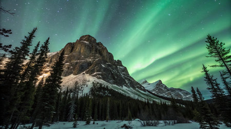 Aurora borealis over snowy mountains in Banff National Park, Canadaの写真素材