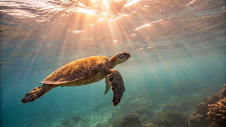 Hawaiian Green Sea Turtle (Chelonia mydas) swimming underwater with sun rays