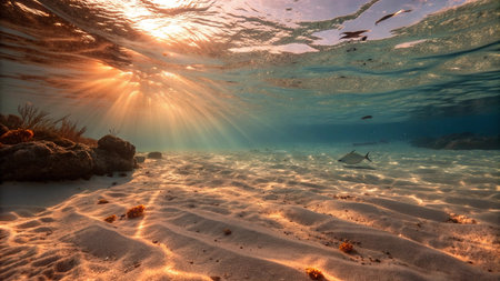 Underwater view of the coral reef with fish and rays of sunlight