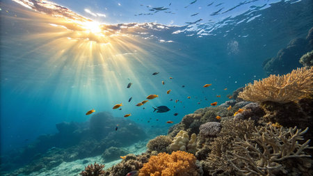 Underwater view of the coral reef and tropical fish with sunlight.の写真素材