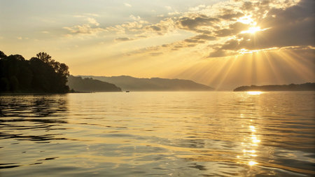 Sunset on the lake in the mountains. Beautiful nature background.の写真素材