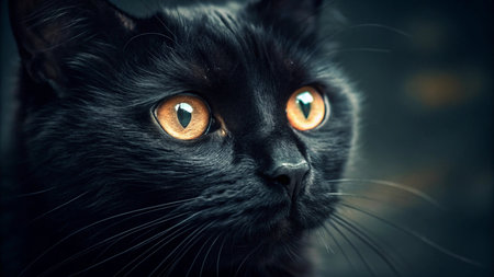 Portrait of a black cat with yellow eyes on a dark background