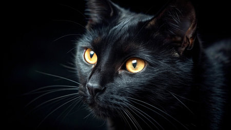 Portrait of a black cat with yellow eyes on a black background