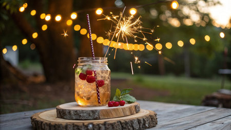 Mojito cocktail with raspberries and bengal lightsの写真素材