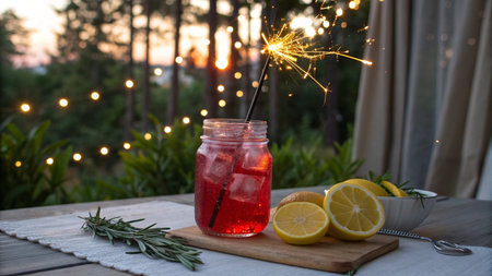 Cocktail with lemon, rosemary and ice on a wooden table.