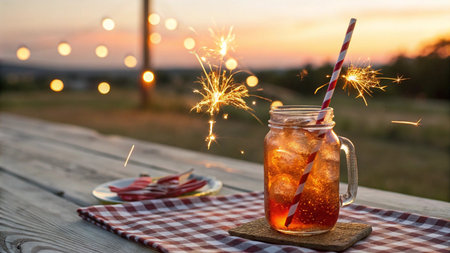 Refreshing drink with sparklers in a glass jar on a wooden table.の写真素材