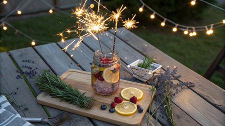 Lemonade in a jar with sparklers on a wooden tableの写真素材