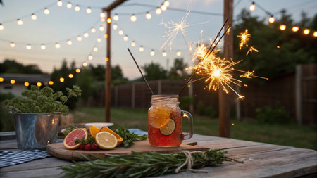 Sparklers and jars of homemade lemonade on wooden table outdoorsの写真素材