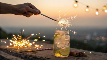 Hand holding sparkler and glass of lemonade with ice cubes, lemon and straws on wooden table.の写真素材