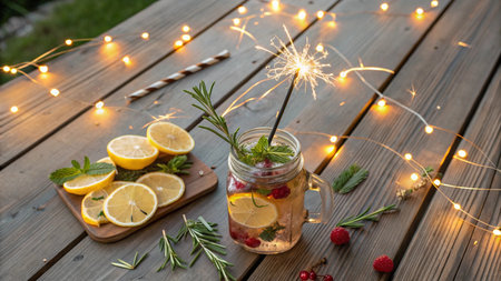 Lemonade with lemon and rosemary in a glass jar on a wooden tableの写真素材