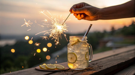 Woman hand holding sparklers and glass jar with lemonade on wooden table at sunset.の写真素材