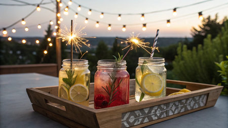 Mason jars of lemonade with sparklers on a wooden tray.の写真素材