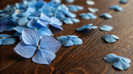 Blue hydrangea flowers on wooden background. Copy space.