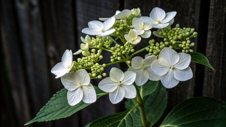 White hydrangea flowers on a dark wooden background close-up
