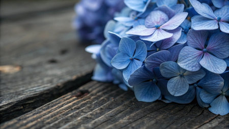 Blue hydrangea flowers on a rustic wooden background.