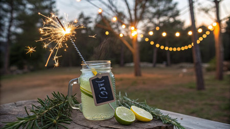 Lemonade with rosemary, lime and sparklers in a jar