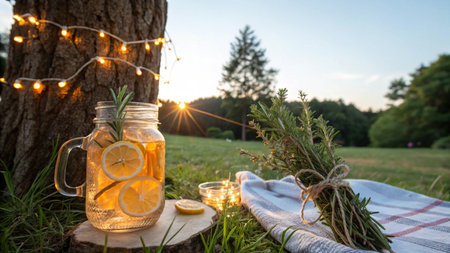 Lemonade with lemon, rosemary and honey in a jar on a background of a tree.