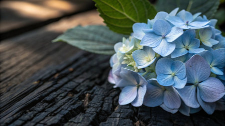 Blue hydrangea flowers on wooden background with copy space.