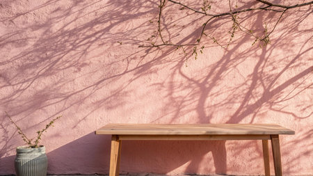 Wooden table in front of pink wall with shadow of trees.