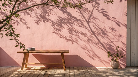Wooden table and chair with shadow of tree on pink wall.