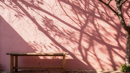 Wooden bench with shadow of tree on pink wall, stock photo