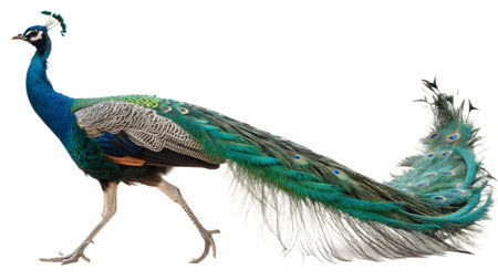 Peacock, Pavo cristatus, in front of white backgroundの写真素材