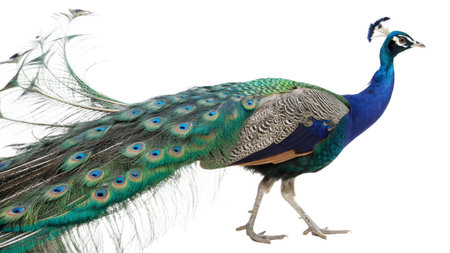 Peacock isolated on a white background. The Indian peafowl (Pavo cristatus).の写真素材
