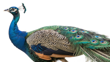 Beautiful peacock isolated on white background, close-up.の写真素材