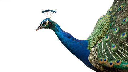 Peacock isolated on a white background, close-up.の写真素材