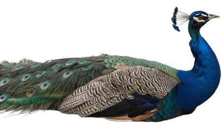 Peacock, Pavo cristatus, in front of white backgroundの写真素材