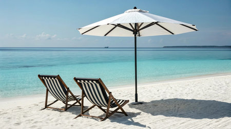 Umbrella and chairs on the beach at Maldives, Indian Oceanの写真素材