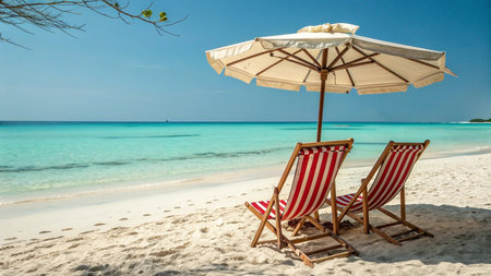 Beach chair and umbrella on beautiful tropical beach with turquoise water