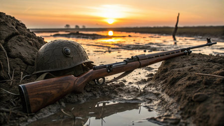 Soldier with a gun on the shore of the river at sunsetの写真素材
