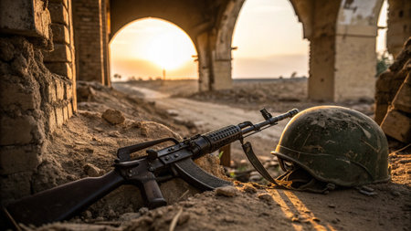 Soldier's helmet and a machine gun on the background of the sunset