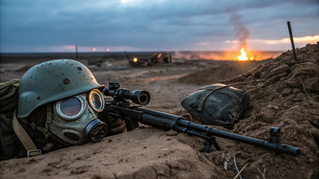 War Concept. Military silhouettes fighting scene on war fog sky background, World War Soldiers Silhouettes Below Cloudy Skyline At night. Attack scene. Armored vehicles. Selective focusの写真素材
