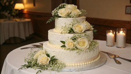 Wedding cake decorated with white roses and green leaves on a tableの写真素材