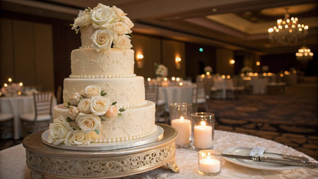 Wedding cake decorated with white roses and candles in a restaurantの写真素材
