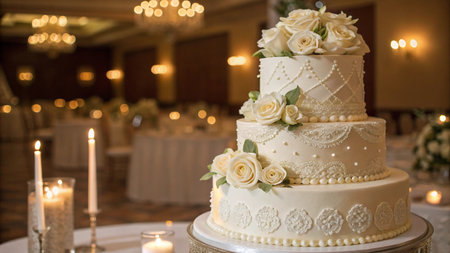 Wedding cake decorated with white roses and candles on the tableの写真素材