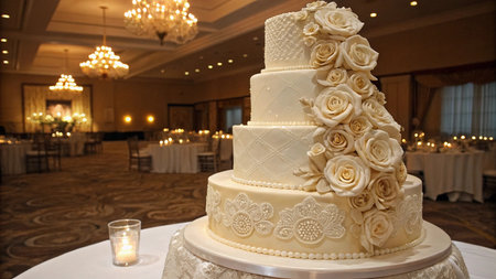 Wedding cake decorated with white roses on a white table.