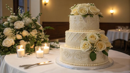 Wedding cake decorated with white roses and candles on the tableの写真素材