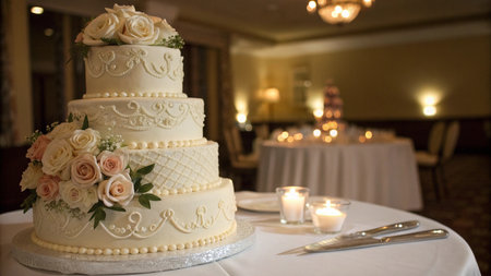 Wedding cake decorated with roses and candles on the table.の写真素材