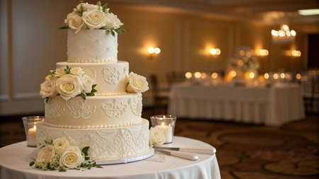 Wedding cake decorated with white roses and candles on the tableの写真素材