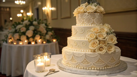 Wedding cake decorated with white roses and candles in a restaurantの写真素材