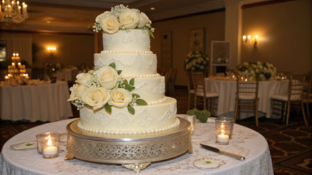 Wedding cake decorated with roses and candles on the table.の写真素材