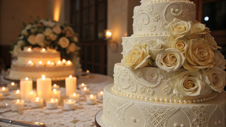Wedding cake with white roses and candles in the background.の写真素材
